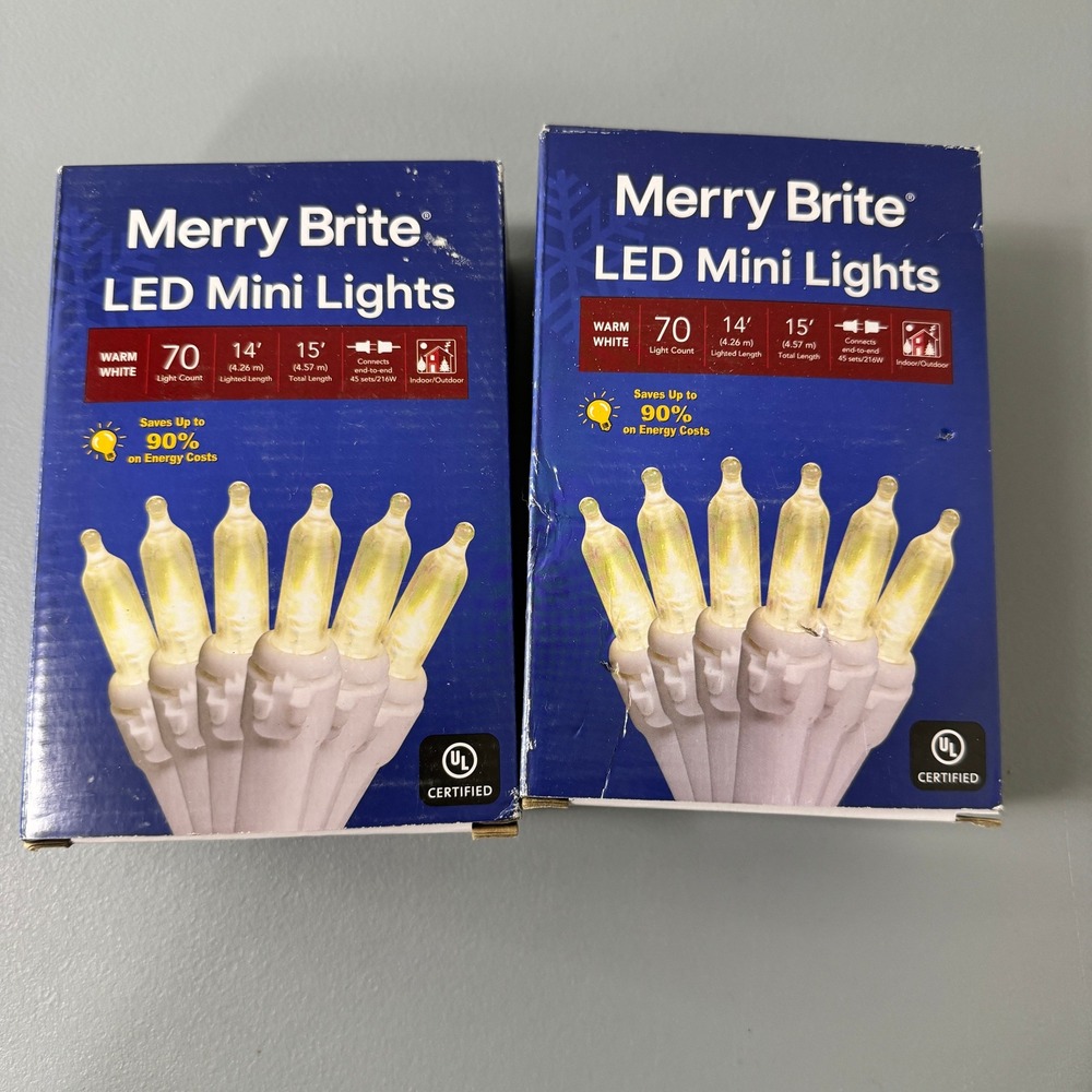 Merry Brite 70 Count Warm White LED Mini‎ Lights Indoor Outdoor2 Boxes Total